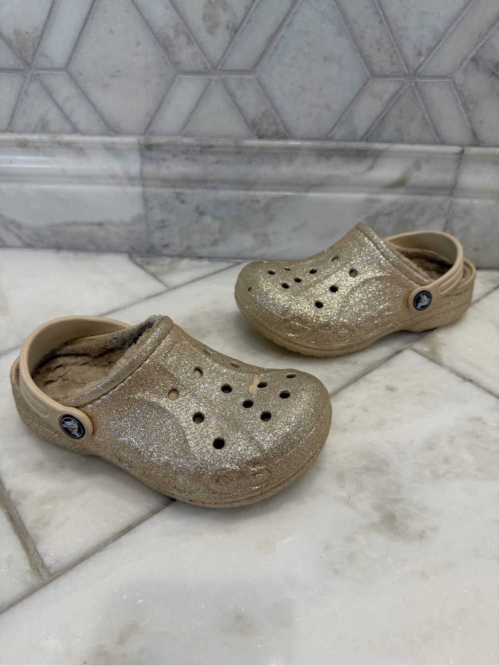 Size 13 Kids Crocs Classic Gold/Champagne Glitter Lined Clog Sandal Shoes
